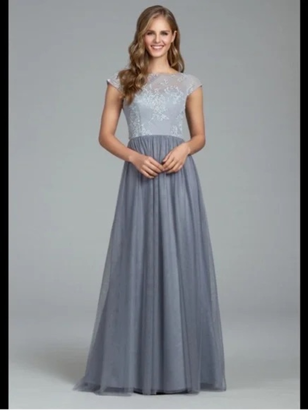 Hayley Paige Occasions Silver-Gray Lace Sparkle Bodice Maxi Dress
